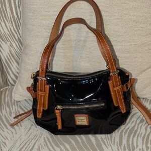 Dooney & Bourke Nina Black Patent Leather and Vachetta Trim Shoulder Bag - Rare
